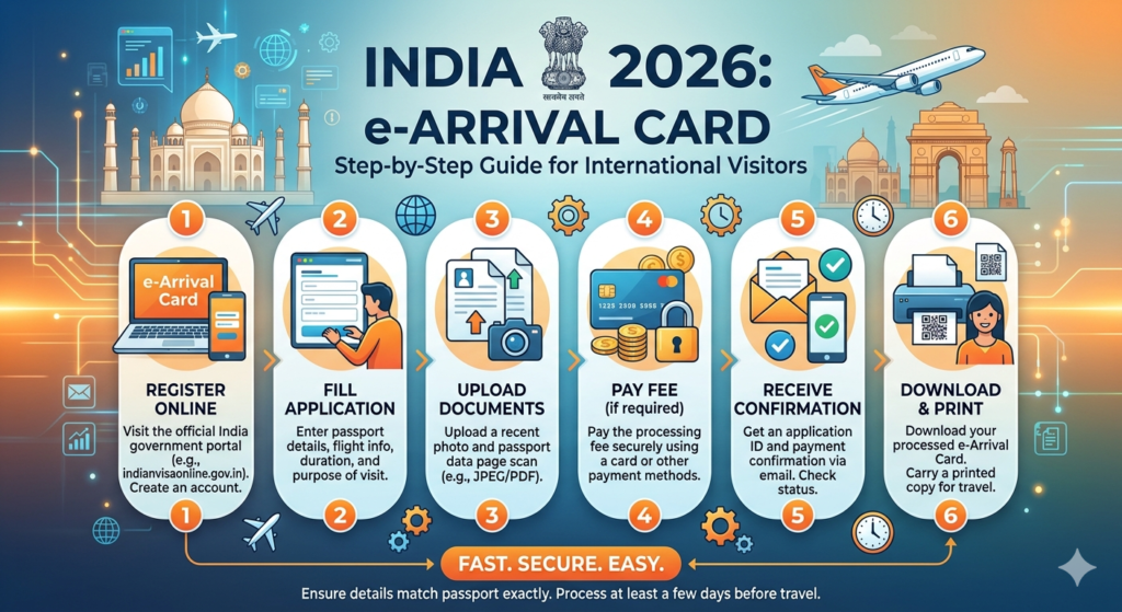 India 2026: e-Arrival Card" illustrating a six-step guide for international visitors: 1) Register Online, 2) Fill Application, 3) Upload Documents, 4) Pay Fee, 5) Receive Confirmation, and 6) Download & Print. The design features Indian landmarks like the Taj Mahal and India Gate with a modern, digital aesthetic.