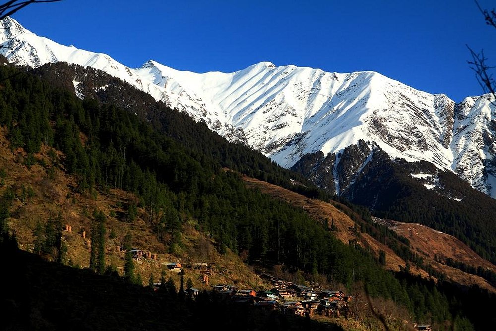 Tirthan Valley in Himachal Pradesh featuring a crystal-clear river flowing through a lush green valley surrounded by pine forests and snow-capped Himalayan mountains under a blue sky.