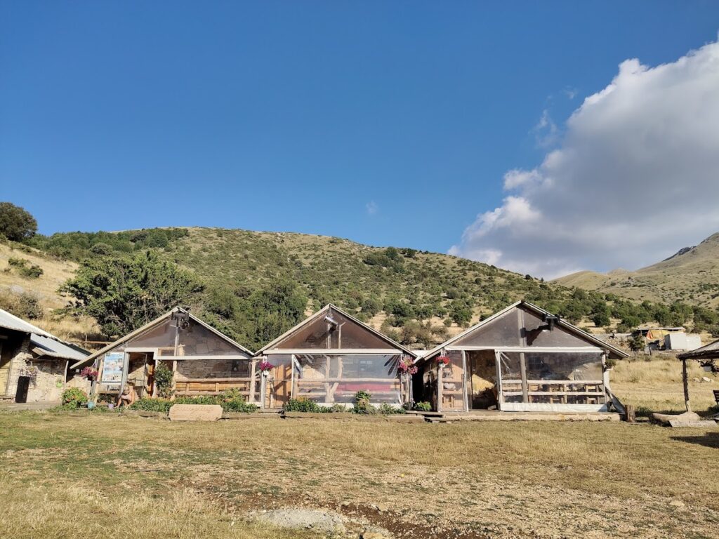 Three wooden structures with transparent roofs, possibly glamping accommodations, situated in a grassy area within Zagoria Nature Park, with mountains visible in the background.