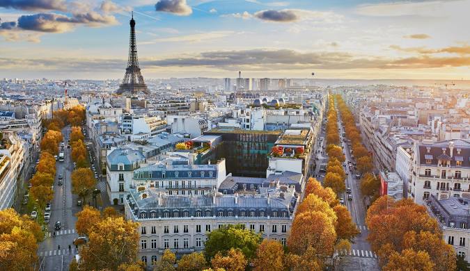 Aerial view of Paris in autumn, looking down the Champs-Élysées towards the Eiffel Tower - travel blog inspiration.