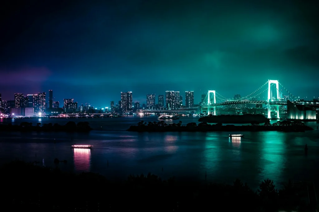 Vibrant Tokyo cityscape at night, showcasing modern skyscrapers and bright city lights, illustrating Japan's blend of modernity