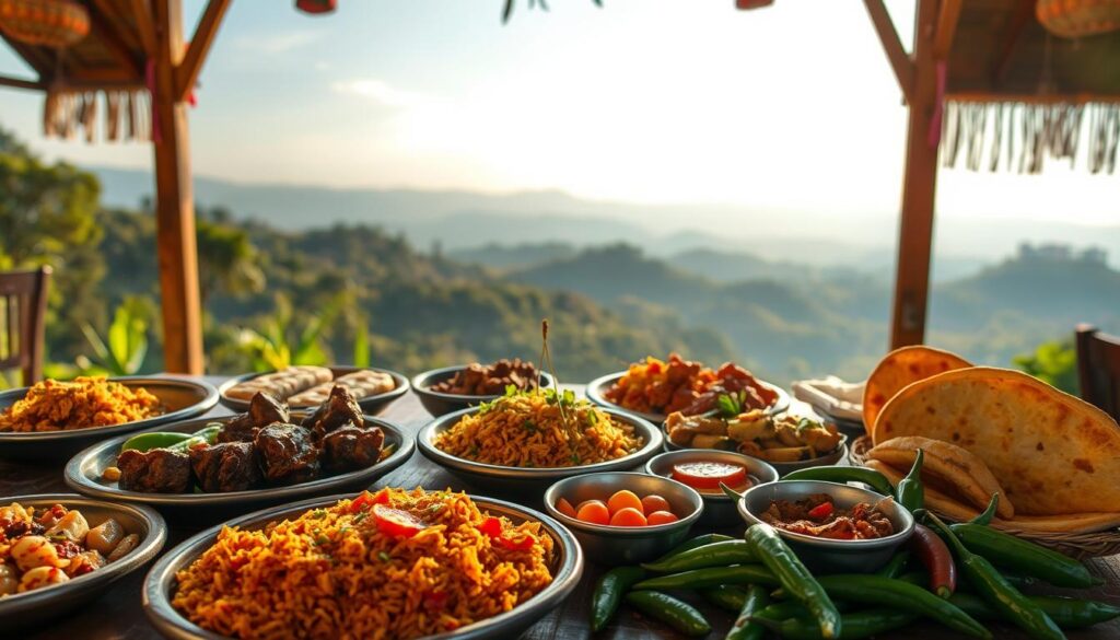 A bountiful feast of Lonavala and Khandala's iconic cuisine, captured in a warm, inviting scene. In the foreground, an array of local delicacies - succulent kebabs, fragrant biryanis, and flaky vada pavs - artfully arranged on a rustic wooden table. The middle ground showcases the vibrant colors and textures of fresh produce, such as vibrant green chillies, juicy tomatoes, and fragrant spices. In the background, a panoramic view of the rolling hills and lush greenery that define the Lonavala-Khandala landscape, bathed in the golden glow of the afternoon sun. The overall atmosphere exudes a sense of comfort, tradition, and the irresistible allure of the region's culinary heritage.