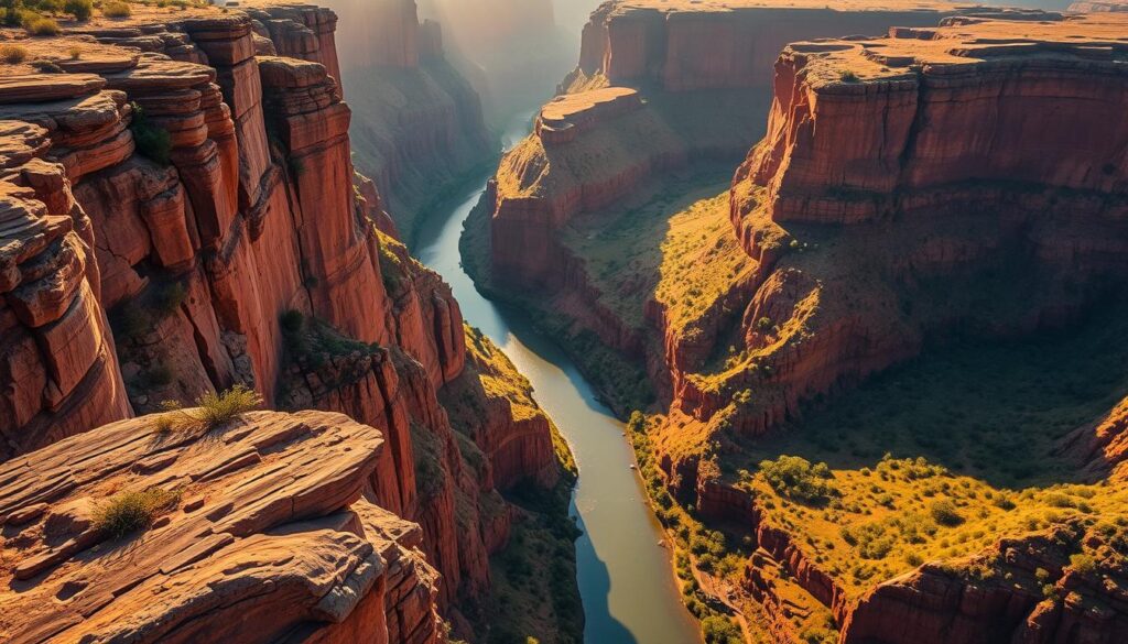 A breathtaking aerial view of the Gandikota Canyon, carved by the winding Pennar River. The foreground showcases the dramatic red sandstone cliffs, their rugged textures and sharp edges contrasting with the tranquil, meandering river below. The middle ground reveals the lush, verdant vegetation clinging to the canyon walls, creating a striking juxtaposition of earth and water. In the distance, the canyon stretches out, its scale and grandeur captured by a wide-angle lens, bathed in warm, golden sunlight that casts long shadows across the landscape. The overall scene conveys a sense of majesty, power, and the timeless forces that have shaped this natural wonder.