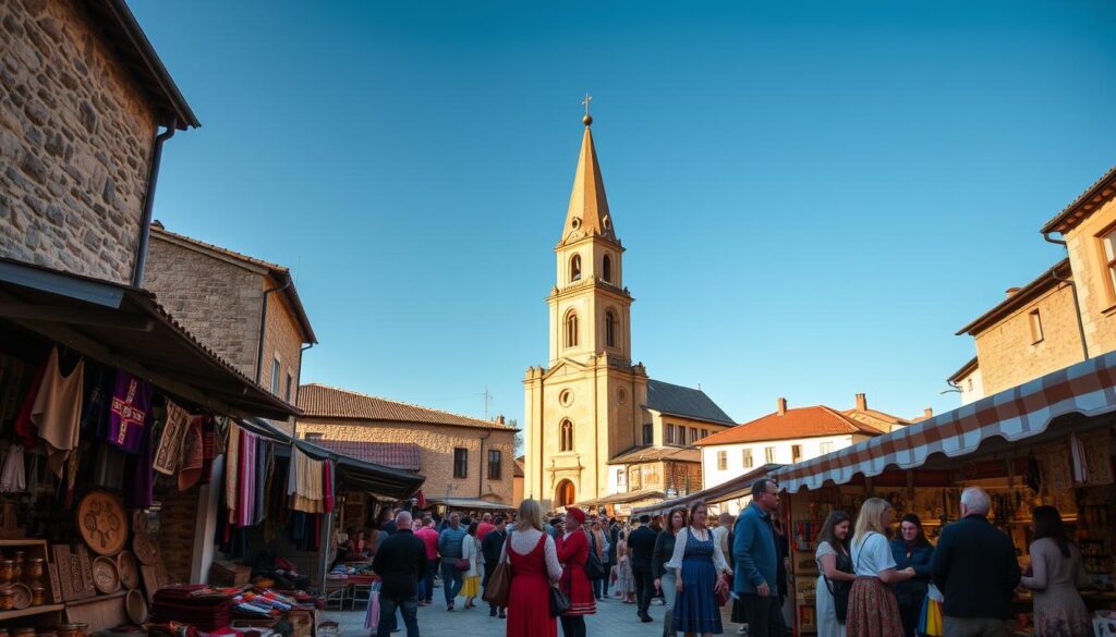A bustling open-air market in a vibrant North Macedonian town, surrounded by traditional stone buildings. In the foreground, vendors display handcrafted textiles, intricate woodcarvings, and homemade preserves. The middle ground features locals in colorful national costumes, engaged in lively conversations and bargaining. In the background, the silhouette of a historic Orthodox church tower rises against a clear blue sky, bathed in warm, golden sunlight. The scene conveys a sense of community, cultural heritage, and timeless traditions.