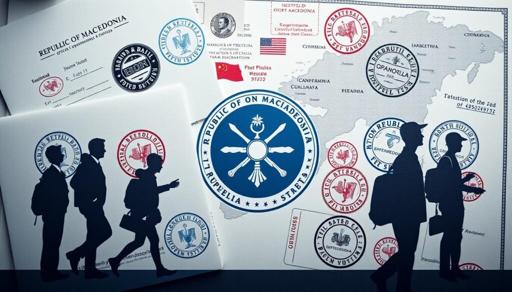 A detailed and visually striking image of the visa requirements for the Republic of North Macedonia. Showcase the official government seal or crest in the center foreground, surrounded by official documents, stamps, and seals in a clean, organized layout. In the background, include a map of North Macedonia and its neighboring countries, along with silhouettes of people in travel attire. Utilize a neutral color palette of blues, greens, and grays to convey a sense of professionalism and authority. Employ high-contrast lighting and sharp focus to draw the viewer's attention to the key details. The overall composition should exude a sense of clarity, precision, and reliability, reflecting the important information needed to plan a successful trip to this enchanting Balkan nation.