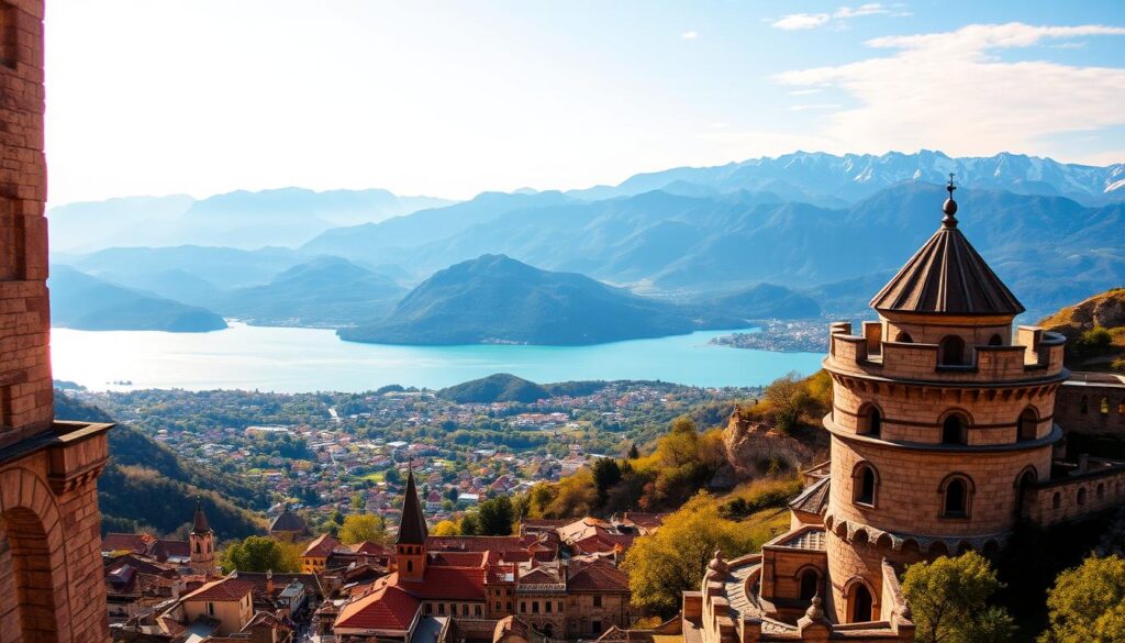 A dramatic panoramic vista of North Macedonia's most breathtaking natural and cultural landmarks. In the foreground, the iconic stone arches and spires of Skopje Fortress loom over the picturesque Old Bazaar below. In the middle ground, the turquoise waters of Lake Ohrid glisten under a warm afternoon sun, surrounded by the lush, rugged Galičica Mountain range. In the distant background, the snow-capped peaks of Šar Mountain pierce the horizon, creating a majestic, awe-inspiring backdrop. The scene is bathed in rich, golden tones, conveying a sense of timeless grandeur and natural wonder.