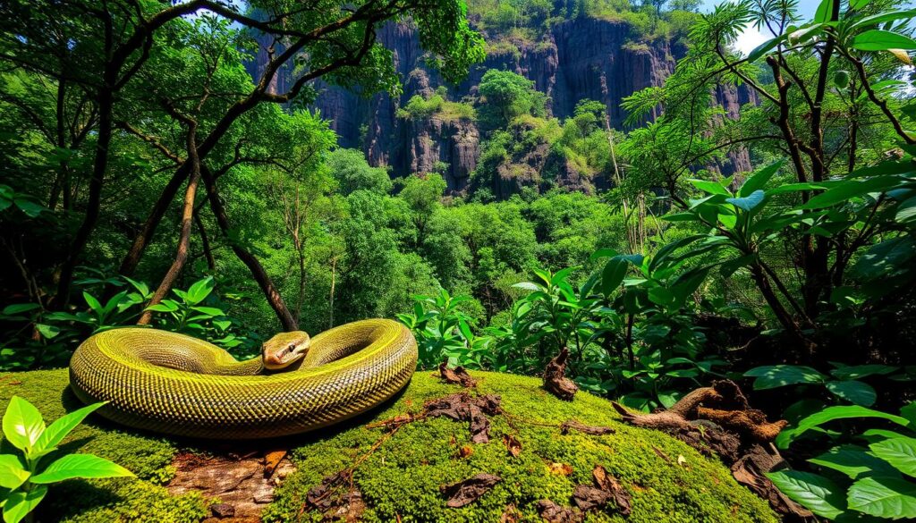 A lush, verdant landscape in Agumbe, Karnataka, teeming with a vibrant reptilian world. In the foreground, a coiled Indian rock python rests on a moss-covered log, its intricate patterns casting mesmerizing shadows. Midground, a group of green pit vipers glide silently through the undergrowth, their emerald scales gleaming in the dappled sunlight. In the background, a towering escarpment frames the scene, its rocky cliffs home to a diverse array of lizards and snakes. The atmosphere is one of tranquility and wonder, inviting the viewer to immerse themselves in this captivating reptilian realm.