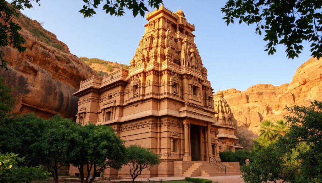 A majestic ancient temple nestled in the picturesque Gandikota Canyon, its grand carved architecture bathed in warm golden sunlight. The towering stone façade stands tall, adorned with intricate carvings and detailed sculptures depicting Hindu deities. Lush greenery frames the scene, with the rugged canyon walls rising majestically in the background. The temple exudes an aura of tranquility and timeless spiritual significance, inviting visitors to bask in the rich heritage and natural splendor of this captivating location.