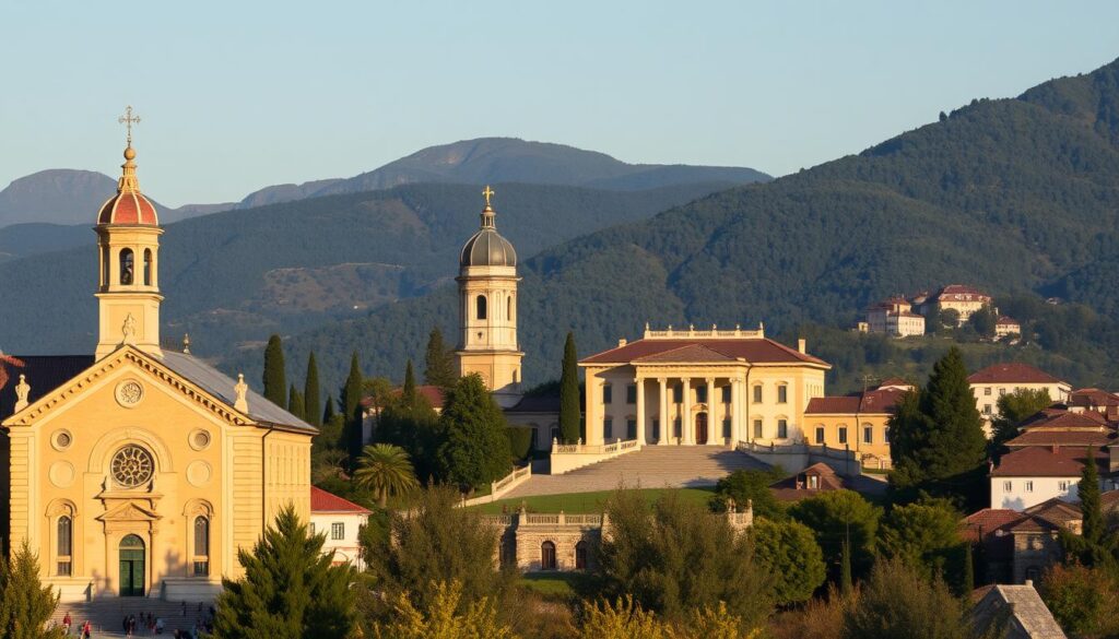 A panoramic view of the historic landmarks in Cetinje, the former royal capital of Montenegro. In the foreground, the intricate facade of the Cetinje Monastery stands tall, its ornate architectural details bathed in warm, golden sunlight. In the middle ground, the stately Palace of King Nikola I Petrović-Njegoš rises, its elegant neoclassical design complemented by the lush greenery surrounding it. In the background, the picturesque hills of Lovćen National Park provide a majestic backdrop, their slopes dotted with traditional Montenegrin architecture. The scene conveys a sense of timeless grandeur and cultural heritage, perfectly capturing the essence of Cetinje's historic significance.