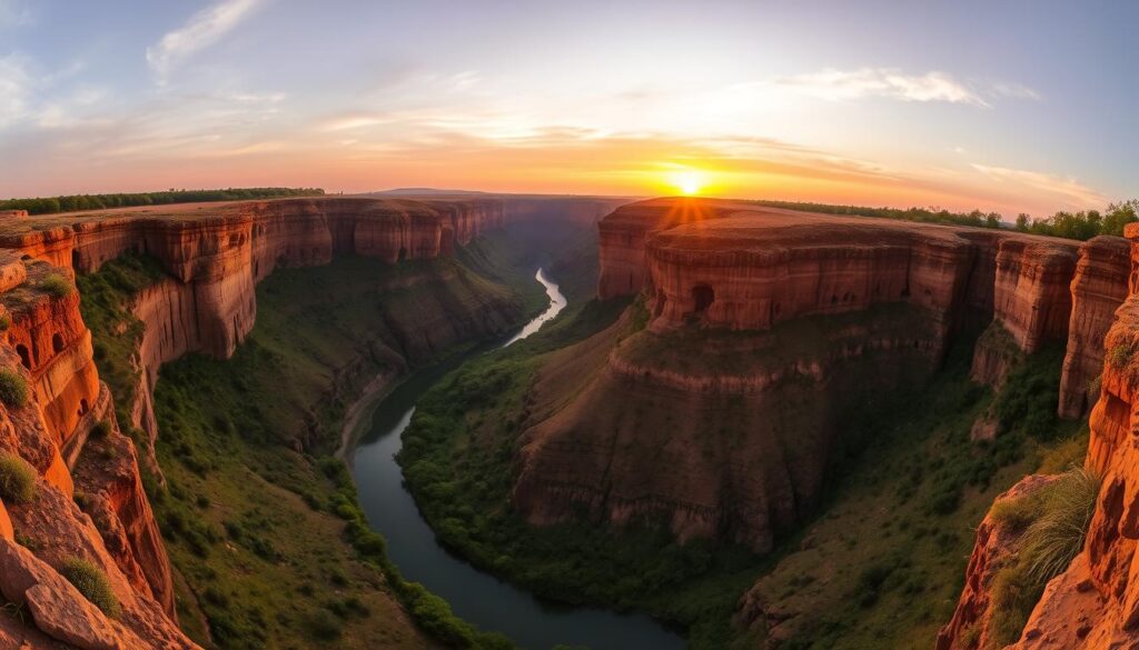 A panoramic view of the stunning Gandikota Canyon, bathed in the warm glow of the golden hour. In the foreground, the rugged, ochre-hued cliffs rise majestically, casting dramatic shadows across the winding river below. The middle ground reveals the lush, verdant vegetation that lines the canyon's edge, a striking contrast to the arid, weathered rock formations. In the distance, the horizon is painted with a breathtaking sunset, the sky ablaze with hues of orange, pink, and purple, creating a serene and awe-inspiring atmosphere. A wide-angle lens captures the grandeur of the scene, showcasing the true scale and beauty of this natural wonder.