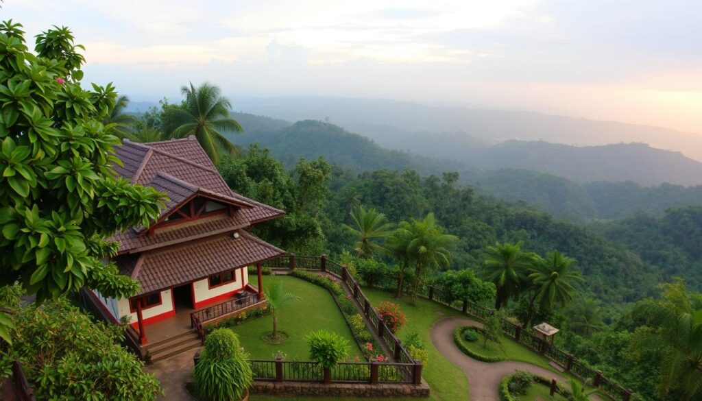 A picturesque Agumbe homestay nestled amidst lush, verdant foliage. In the foreground, a charming two-story structure with traditional tiled roofing and wooden accents blends seamlessly with its natural surroundings. A small porch invites guests to relax and soak in the tranquil atmosphere. The middle ground features a well-manicured garden with vibrant flowers and a winding path leading towards the homestay. In the background, rolling hills and dense forests create a breathtaking backdrop, bathed in the warm glow of the setting sun. The scene evokes a sense of serenity and harmony, inviting travelers to immerse themselves in the serene embrace of Agumbe's captivating landscape.