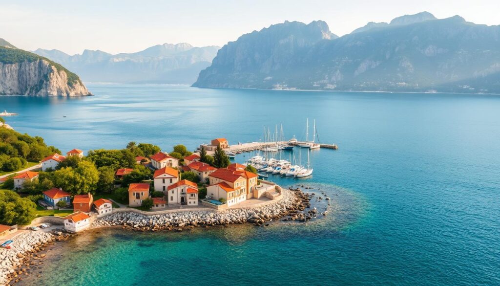 A picturesque coastal scene of Montenegro, with dramatic cliffs and crystal-clear azure waters lapping gently against a pebbled shore. In the foreground, a traditional Mediterranean-style village nestles among lush greenery, its red-tiled roofs and whitewashed walls reflecting the warm afternoon sun. In the middle ground, a small harbor shelters a fleet of colorful fishing boats, their hulls gently rocking in the gentle swell. In the background, the majestic Dinaric Alps rise up, their jagged peaks piercing the cloudless sky. The scene is bathed in a soft, golden light, creating a serene and inviting atmosphere that captures the essence of Montenegro's stunning coastal regions.