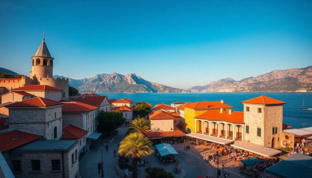 A picturesque seaside town nestled along the Adriatic coast, Budva Old Town is a charming blend of medieval architecture and vibrant modern life. Capture the essence of this Montenegrin gem with a wide-angle lens, showcasing the striking fortified walls, terracotta-tiled roofs, and winding cobblestone streets. Highlight the lively promenade bustling with local cafes, boutiques, and street performers, all bathed in the warm, golden glow of the Mediterranean sun. In the background, the deep blue waters of the Adriatic Sea and the rugged mountains provide a breathtaking natural backdrop, evoking a sense of tranquility and adventure. Convey the town's rich history and vibrant culture, inviting the viewer to immerse themselves in the timeless beauty of Budva's coastal playground.