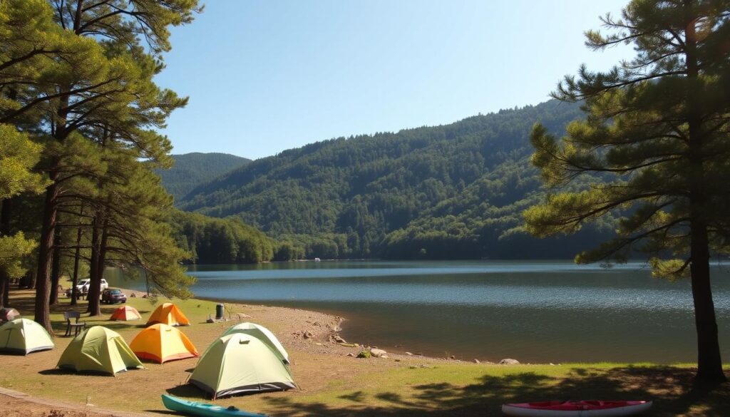 A serene lakeside campsite nestled amidst lush green hills, with a clear blue sky overhead. In the foreground, tents dot the shoreline, their muted colors blending seamlessly with the natural surroundings. Towering trees line the edges, their branches casting gentle shadows across the scene. The still waters of Pawna Lake reflect the tranquil atmosphere, inviting visitors to kayak, swim, or simply relax by the water's edge. Warm, golden sunlight filters through the foliage, creating a picturesque and inviting atmosphere for a peaceful outdoor adventure.