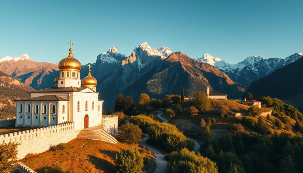 A stunning Ostrog Monastery set against the dramatic mountains of Montenegro. In the foreground, the iconic white-washed stone walls and golden domes of the monastery glisten in the warm afternoon light. The middle ground features lush green foliage and winding paths leading up to the monastery's entrance. In the distance, majestic snow-capped peaks pierce the clear blue sky, creating a sense of solitude and spiritual serenity. The scene is captured through a wide-angle lens, highlighting the grandeur of the landscape and the awe-inspiring architecture. The overall mood is one of reverence and contemplation, inviting the viewer to immerse themselves in the timeless beauty and religious significance of this Montenegrin treasure.