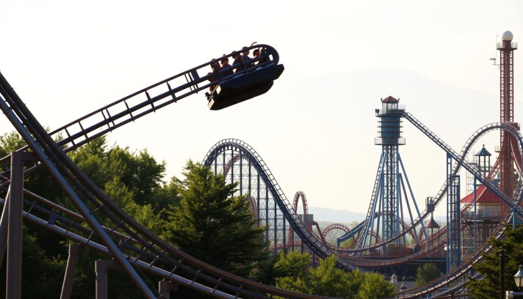 A thrilling roller coaster landscape at Canobie Lake Park, New Hampshire. In the foreground, a sleek, towering steel roller coaster track twists and turns, its cars whipping through the air with passengers gripping the safety rails. In the middle ground, a classic wooden coaster with its iconic loops and steep drops winds through the park, surrounded by lush greenery. In the background, more coasters and amusement park rides rise up, their colorful structures silhouetted against a bright, hazy sky. The scene is illuminated by warm, natural lighting that casts long shadows and highlights the details of the coasters' intricate designs. The atmosphere is one of exhilaration and adventure, inviting visitors to experience the thrills of Canobie Lake Park.