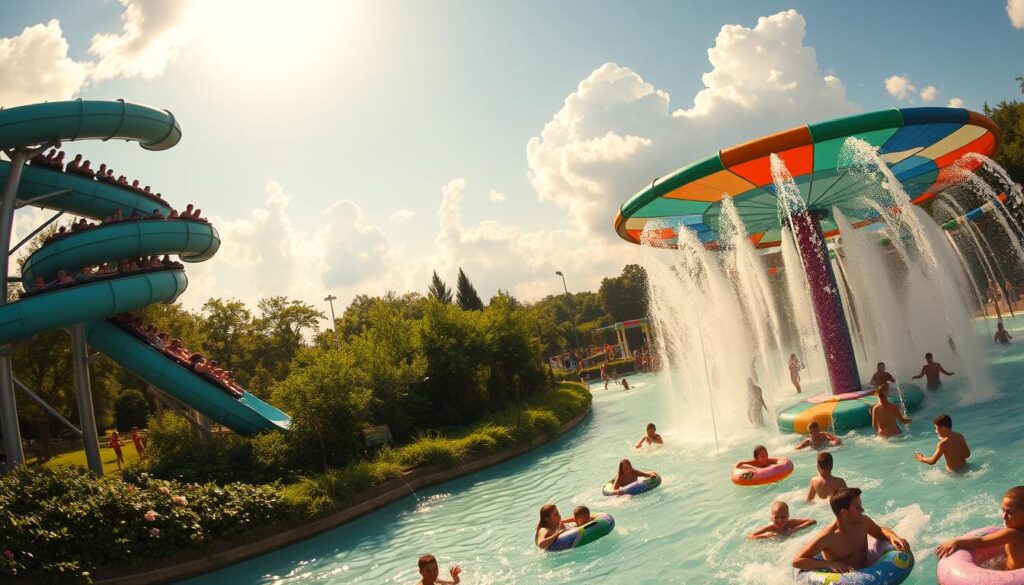 A thrilling water park scene at Canobie Lake Park, with vibrant splashes and joyful guests. In the foreground, a tall, spiraling water slide twists and turns, riders' excited screams echoing through the air. In the middle ground, a lazy river meanders past lush greenery, families floating on inner tubes. In the background, a massive, multicolored splash pad erupts with water jets, children darting through the refreshing sprays. Warm sunlight filters through fluffy clouds, casting a golden glow over the vibrant scene. Captured with a wide-angle lens to convey the expansive, immersive atmosphere of this beloved summer destination.