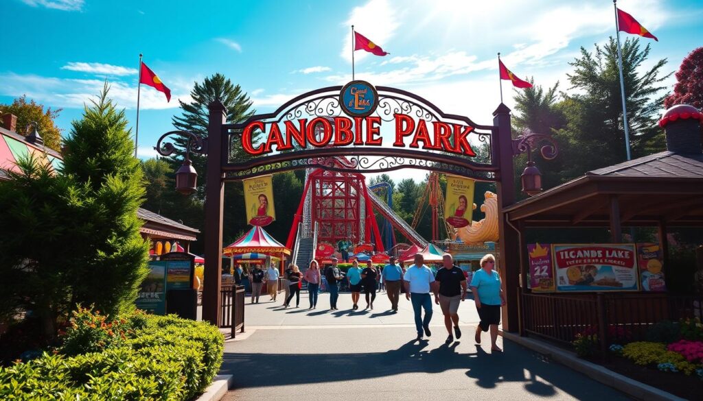 A vibrant daytime scene of the main entrance to Canobie Lake Park, with guests strolling through the gates amidst the colorful rides and attractions. The park's iconic sign is prominently displayed, illuminated by warm, natural lighting. The foreground features a well-manicured landscape with lush greenery, while the middle ground showcases the park's diverse array of thrilling rides, including a classic wooden roller coaster. In the background, the sun-dappled sky sets an inviting and welcoming atmosphere, capturing the park's family-friendly vibe. The overall composition conveys the excitement and anticipation of visitors exploring the park's operating hours and seasonal availability.