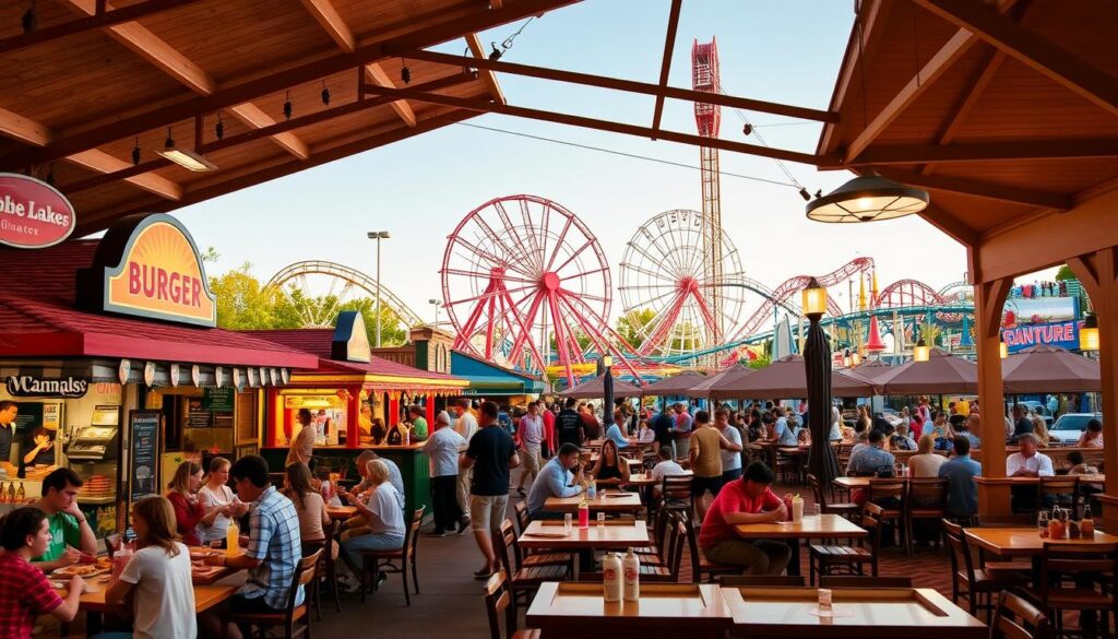 Canobie Lake Park dining options: a vibrant food court with an array of tempting options. In the foreground, a bustling scene of families and friends enjoying burgers, hotdogs, and refreshing beverages from a selection of quaint food stalls. The middle ground showcases a mix of cozy seating areas, both indoor and outdoor, with a warm, inviting ambiance. In the background, the iconic Canobie Lake Park rides and attractions loom, hinting at the thrilling adventures that await. Warm, natural lighting bathes the scene, creating a welcoming and appetite-inducing atmosphere. The overall composition captures the perfect balance of delicious fare and family fun that defines the Canobie Lake Park dining experience.