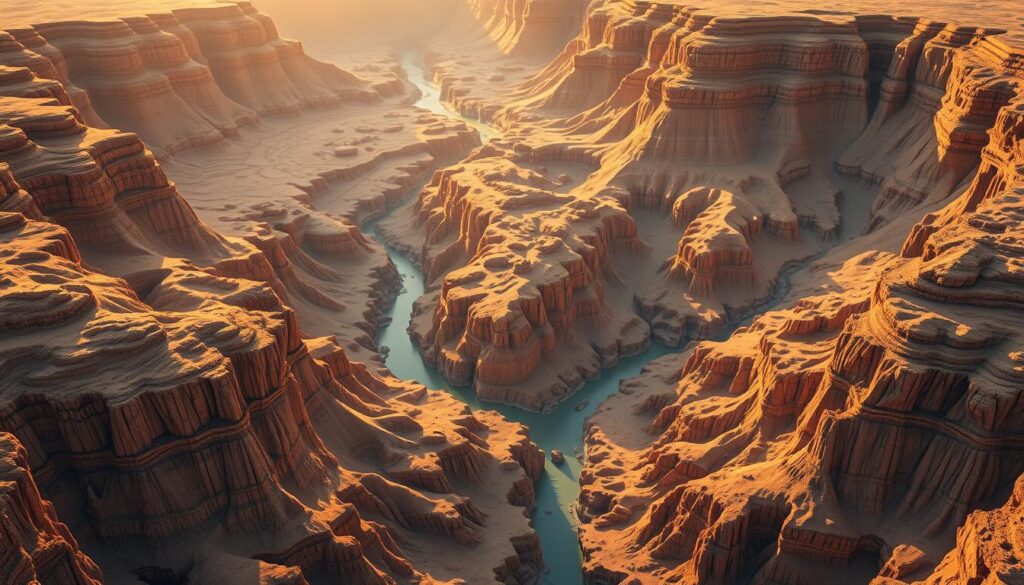 Detailed topographical map of the Gandikota Canyon in the Kadapa district of Andhra Pradesh, India. Dramatic cliffs and deep ravines carved by the Pennar River wind through the rugged, arid landscape. The scene is bathed in warm, golden-hour lighting, casting long shadows across the sinuous terrain. Prominent geological features and key landmarks are clearly marked, providing a comprehensive overview of the canyon's geography. The map is rendered with a combination of realistic rendering and subtle abstract elements, creating a visually striking and informative depiction of this breathtaking natural wonder.