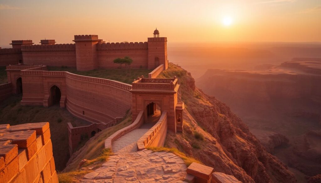 Gandikota Fort, a majestic citadel perched atop a towering red sandstone canyon, bathed in the warm glow of the setting sun. The sturdy walls and turrets stand sentinel, guarding the passage of time. In the foreground, a winding path leads visitors through the ancient gateway, inviting them to step into a world of history and grandeur. The middle ground reveals the intricate architectural details of the fort, with its ornate carvings and weathered stonework. In the distance, the dramatic landscape of the Gandikota Canyon stretches out, its rugged cliffs and deep ravines creating a breathtaking backdrop. The scene evokes a sense of timelessness, where the past and present coexist in perfect harmony.