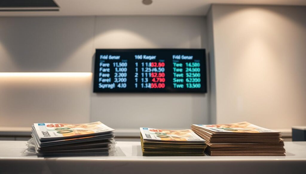 Macedonian denar exchange rates, displayed on a well-lit countertop in a modern currency exchange office. The foreground features stacks of colorful banknotes, their intricate designs and textures meticulously rendered. The middle ground showcases a digital screen showcasing the current exchange rates, the numbers and symbols crisp and legible. In the background, a sleek, minimalist design aesthetic with clean lines and neutral tones, creating a sense of sophistication and efficiency. Soft, directional lighting casts subtle shadows, adding depth and dimension to the scene. The overall atmosphere conveys a sense of financial transparency and trustworthiness, inviting the viewer to engage with the practical aspects of travel in North Macedonia.