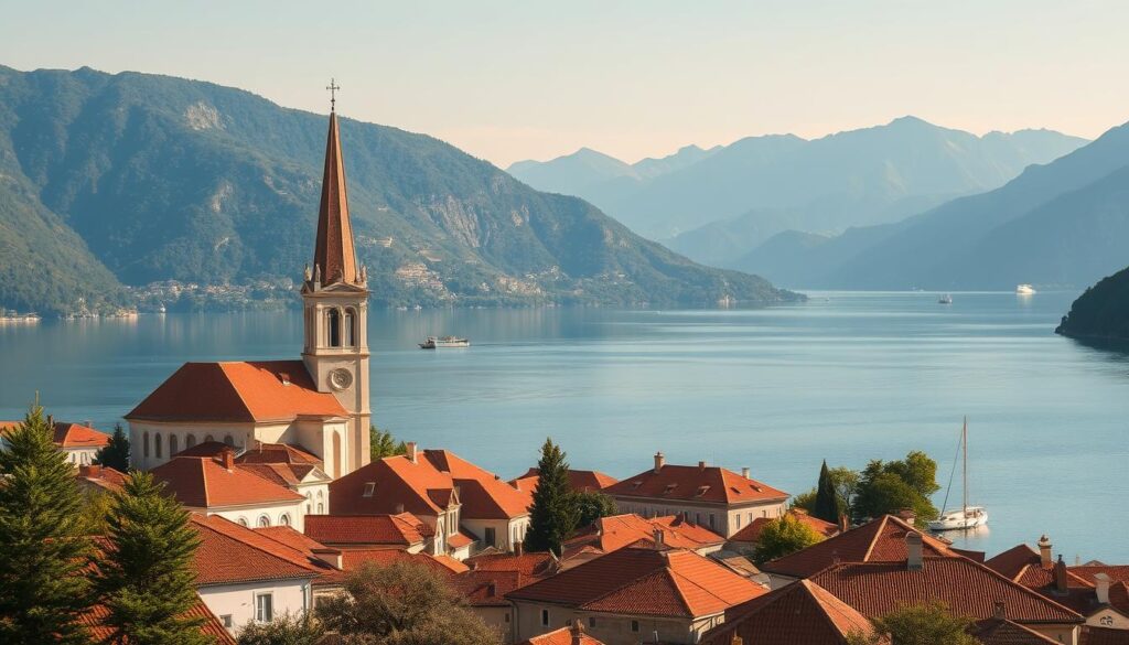 Perast, a picturesque historic town nestled along the serene Bay of Kotor, Montenegro. Capture its timeless charm with sun-drenched buildings in warm Mediterranean hues, their terracotta roofs reflecting in the tranquil waters. Tall church steeples and historic palaces adorn the foreground, while lush rolling hills and majestic mountains frame the serene setting in the background. Employ a wide-angle lens to showcase the town's scenic splendor, with a soft, diffused natural lighting that bathes the scene in a golden glow. Evoke a sense of timelessness and peaceful ambiance, inviting the viewer to step into this captivating slice of Montenegrin heritage.