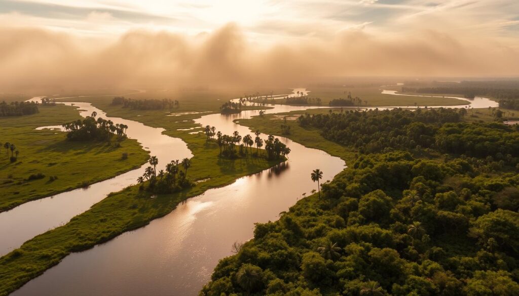 A breathtaking aerial vista of the Okavango Delta, captured in the golden hour light. Vast, shimmering waterways meander through lush, verdant floodplains, interrupted by clusters of towering palm trees and lush, tangled vegetation. Wispy, ethereal clouds drift overhead, casting soft, diffused shadows across the landscape. The scene exudes a sense of tranquility and timelessness, inviting the viewer to immerse themselves in the serene beauty of this natural wonder. A wide-angle lens and low perspective emphasize the scale and grandeur of the setting, while subtle, warm tones and a soft, hazy atmosphere evoke the lush, tropical ambiance of the Okavango Delta.