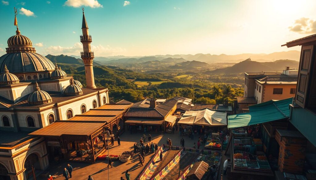 A breathtaking panorama of Comoros' cultural heritage. In the foreground, a grand mosque with ornate minarets and domed roofs, its intricate architecture a testament to the island's Islamic influence. The middle ground reveals a bustling marketplace, vendors selling vibrant textiles, spices, and handcrafted trinkets, capturing the lively spirit of the local community. In the distance, rolling hills and lush, verdant landscapes paint a serene backdrop, hinting at the natural beauty that permeates this island nation. Warm, golden sunlight filters through, casting a soft, inviting glow over the entire scene. Cinematic, wide-angle lens captures the grandeur and rich tapestry of Comoros' cultural legacy.