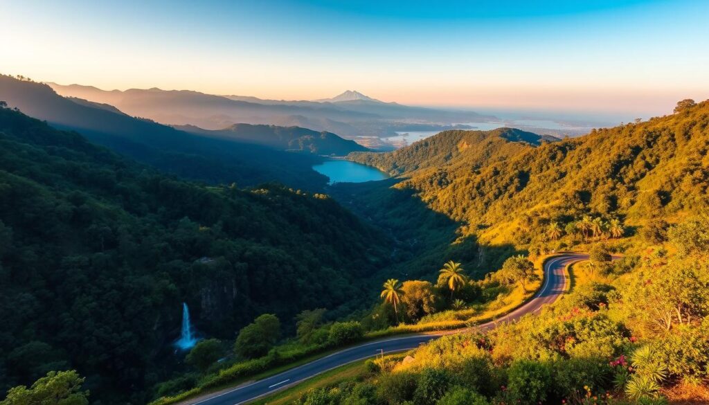 A breathtaking panorama of the Ponmudi Hills, with lush green forests cascading down the slopes, punctuated by majestic waterfalls and crystal-clear streams. The scene is bathed in warm, golden sunlight, casting a serene and tranquil atmosphere. In the foreground, a winding mountain road meanders through the landscape, inviting the viewer to explore this picturesque region. The middle ground features rolling hills dotted with vibrant wildflowers, while the distant peaks stretch towards the horizon, their silhouettes reflected in the calm waters of a serene lake. The entire composition exudes a sense of natural harmony and untamed beauty, perfectly capturing the essence of the Ponmudi Hill Station.