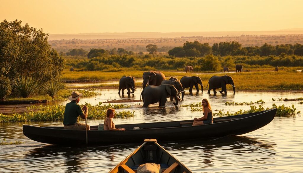 A breathtaking safari scene in the lush, verdant Okavango Delta. In the foreground, a traditional mokoro canoe glides silently across a tranquil waterway, its passengers marveling at the diverse wildlife along the banks. In the middle ground, a herd of elephants gracefully wades through the shallows, their trunks reaching up to pluck succulent foliage. The background is a panoramic vista of the Delta's iconic papyrus-fringed lagoons, framed by a golden, hazy African sky. Warm, natural lighting bathes the entire scene, creating a serene, immersive atmosphere that captures the essence of an unforgettable Okavango safari experience.