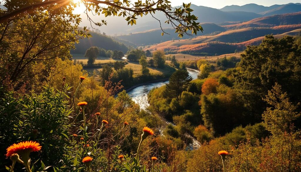 A breathtaking scene of Benog Wildlife Sanctuary during the seasonal transition. In the foreground, lush green foliage and vibrant wildflowers sway gently in a soft breeze. The middle ground reveals a glistening stream winding through the landscape, its waters reflecting the dappled sunlight filtering through the canopy of towering trees. In the distance, rolling hills draped in a tapestry of autumn hues stretch out to the horizon, hinting at the sanctuary's diverse ecosystems. The lighting is warm and golden, evoking a sense of tranquility and wonder. Captured through a wide-angle lens, this image conveys the sanctuary's enchanting beauty and the perfect timing to immerse oneself in its natural splendor.