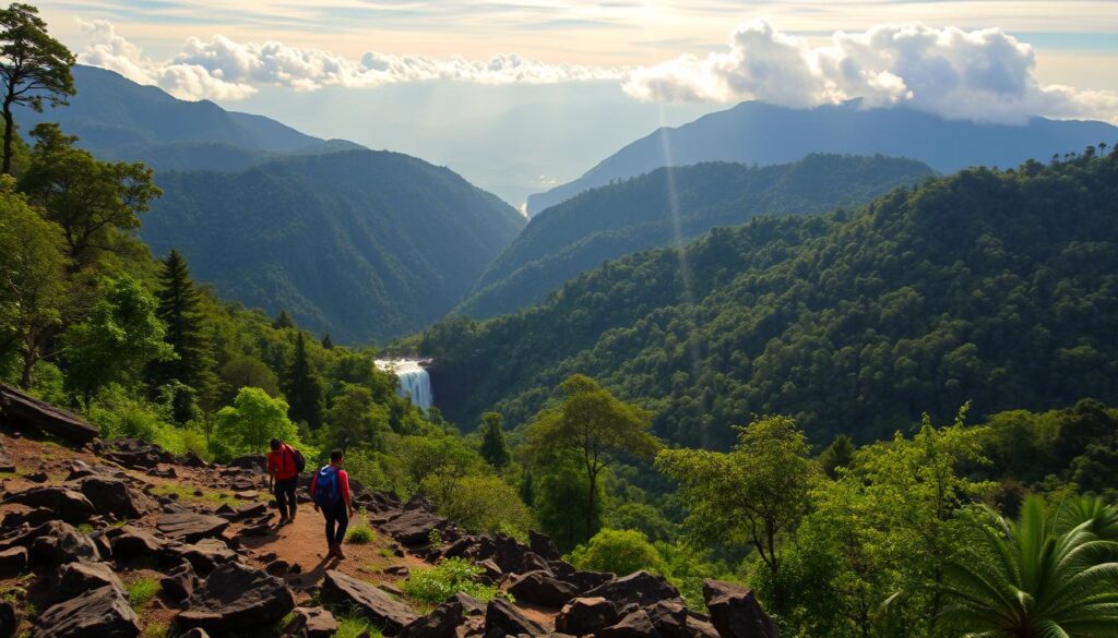 A breathtaking vista of Ponmudi Hill Station, where adventure beckons. In the foreground, hikers traverse rugged trails, scaling rocky outcroppings and navigating lush, verdant forests. In the middle ground, a crystalline waterfall cascades down the mountainside, its thunderous roar echoing through the valley. The background showcases the majestic peaks of the Western Ghats, bathed in the warm glow of the sun filtering through wispy clouds. The scene exudes a sense of exhilaration and tranquility, inviting the viewer to immerse themselves in the thrill of exploring this picturesque hill station.