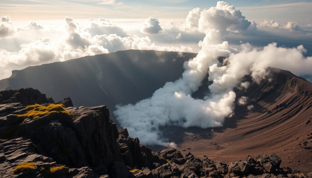 A breathtaking volcanic crater, its jagged rim overlooking a vast, steaming caldera. Rugged, moss-covered rocks in the foreground lead the eye into the depths, where billowing clouds of sulfurous vapor rise from the molten heart of the Earth. Sunlight filters through the hazy atmosphere, casting dramatic shadows and highlights across the alien landscape. A sense of primal, untamed power permeates the scene, inviting the viewer to venture forth and explore the mysteries of this geological wonder.