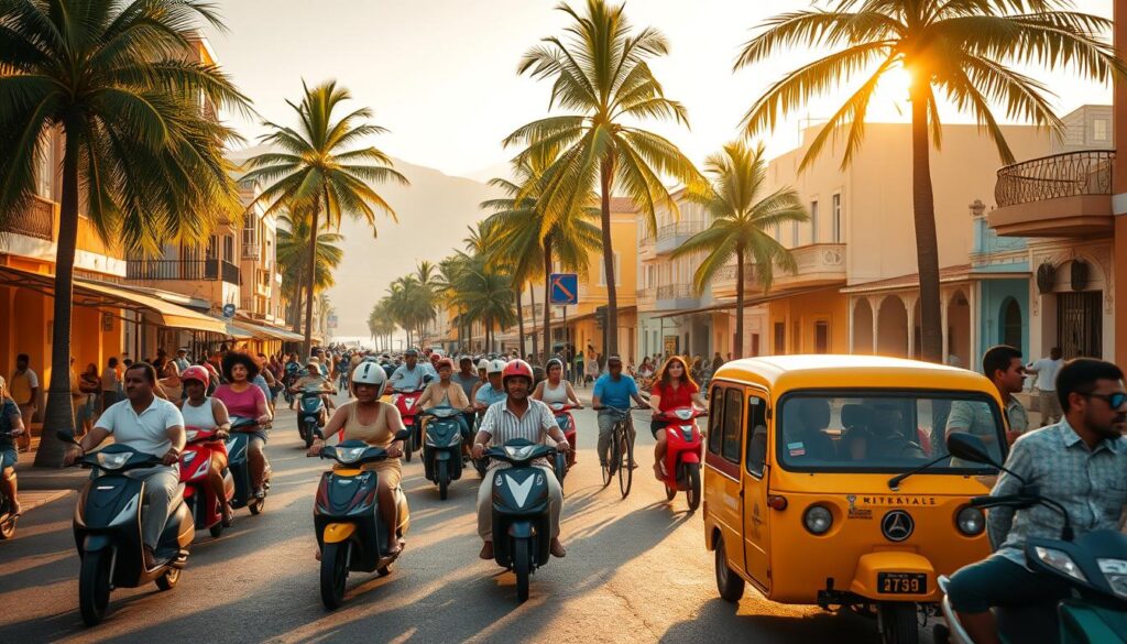 A bustling street in a seaside town in Cabo Verde, with colorful buildings and palm trees lining the sidewalks. In the foreground, a group of locals and tourists navigate a variety of transportation options - from traditional mopeds and bicycles to small, brightly painted taxis. The scene is bathed in warm, golden afternoon light, creating a vibrant, lively atmosphere that captures the essence of this tropical island nation. The image should convey a sense of movement and energy, showcasing the diverse and efficient transportation network that helps visitors explore the stunning landscapes and unique culture of Cabo Verde.