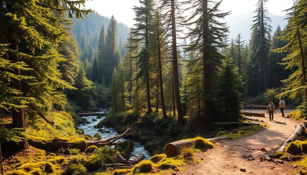 A dense, evergreen forest with winding trekking trails cutting through the lush, verdant landscape. Sunlight filters through the dense canopy, casting a warm, golden glow on the mossy undergrowth and fallen logs. In the foreground, a well-worn dirt path leads hikers deeper into the untouched wilderness, flanked by towering, ancient trees. The middle ground features a gently flowing stream, its clear waters reflecting the surrounding foliage. Distant ridges and peaks rise up, shrouded in mist, hinting at the expansive, unspoiled nature of this pristine environment. An atmosphere of peaceful tranquility and adventure permeates the scene.
