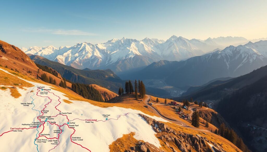 A detailed, high-resolution map of the scenic Chitkul Road Route, showcasing the winding mountain roads, picturesque landscapes, and iconic landmarks along the way. The foreground displays the road network, with clear delineation of the various turns, junctions, and distances. The middle ground features lush, snow-capped peaks, verdant valleys, and quaint villages nestled among the Himalayas. The background is a panoramic vista of the majestic mountain range, bathed in warm, golden light, creating a sense of awe and tranquility. The image is shot with a wide-angle lens, capturing the grandeur and scale of the region, providing a comprehensive visual guide for travelers journeying to the enchanting village of Chitkul.