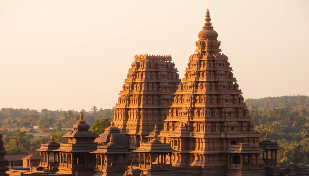 A grand ancient Hindu temple standing tall, its intricate carvings and ornate architecture illuminated by warm, golden sunlight. The majestic multi-tiered tower, known as the Hoysala style Vimana, dominates the foreground, its detailed sculptures and geometric patterns casting dramatic shadows. In the middle ground, smaller shrines and pavilions surround the main temple, their roofs decorated with elaborate finials. The lush, verdant landscape in the background provides a serene, natural backdrop, complementing the timeless elegance of the Halebid Temple complex.