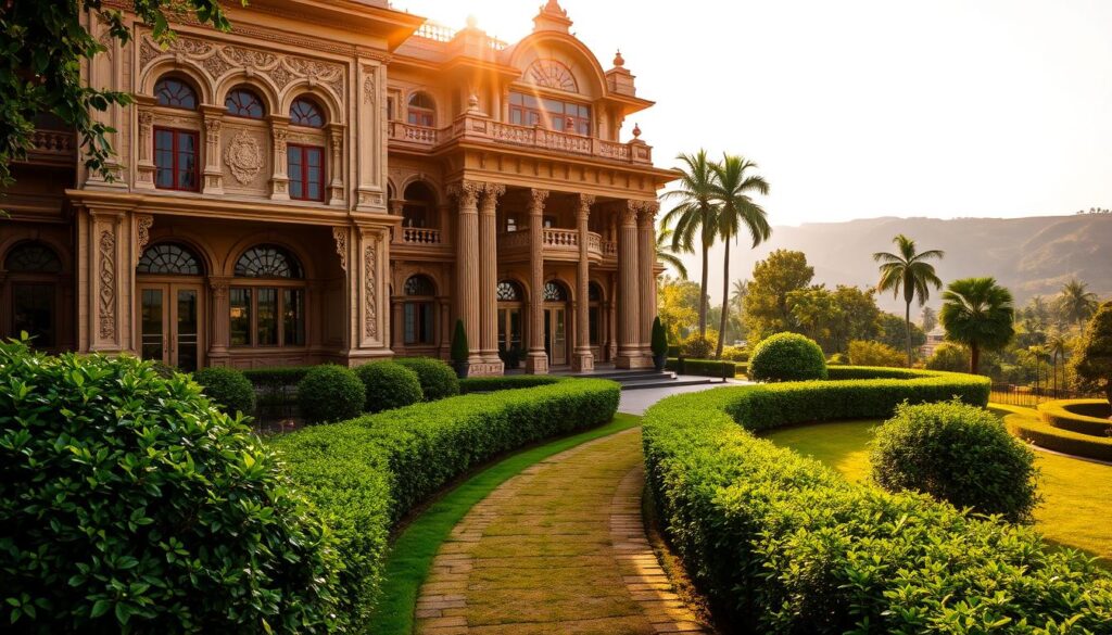 A grand, ornate hotel nestled among lush, verdant gardens in Halebid, India. The façade features intricate carvings and ornate architectural details, exuding an air of timeless elegance. Sunlight filters through the ornate arched windows, casting warm, golden hues across the scene. In the foreground, a path winds through the manicured greenery, inviting guests to explore the grounds. The middle ground showcases the hotel's grand entrance, framed by towering columns and ornate doorways. In the background, the rolling hills of Halebid's picturesque landscape provide a serene, natural backdrop. The overall atmosphere evokes a sense of tranquility and opulence, befitting the historic region.