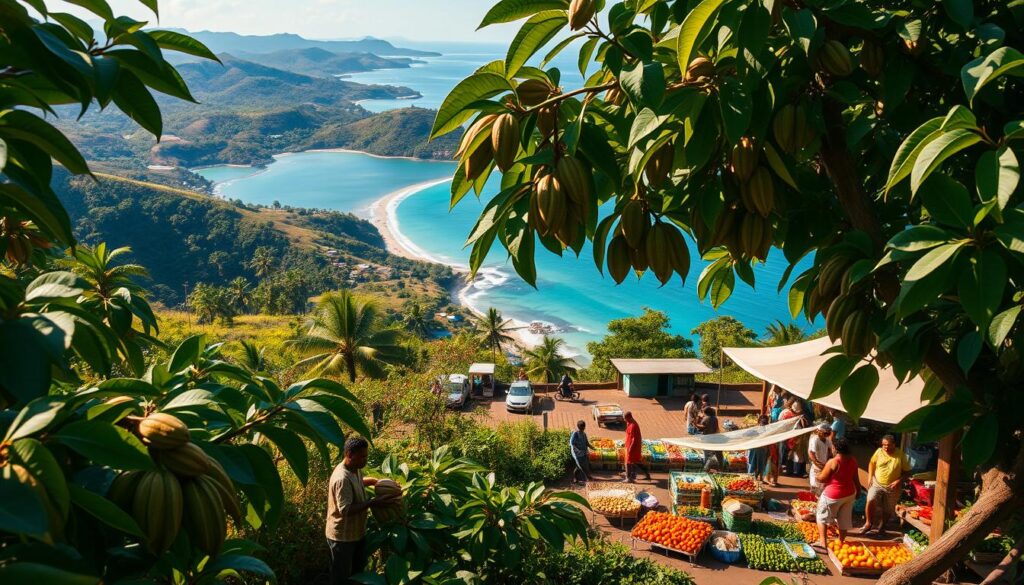 A lush, tropical landscape with rolling hills and lush, verdant foliage. In the foreground, a group of workers harvesting cocoa pods from thriving cacao trees, their ripe, vibrant hues contrasting against the deep green leaves. In the middle ground, a bustling marketplace with vendors selling an array of local produce, handcrafted goods, and traditional textiles. The background is dominated by a stunning coastline, with turquoise waters lapping at the shores of Sao Tome and Principe, the tiny island nation off the western coast of Africa. The scene is bathed in warm, golden sunlight, creating a sense of prosperity and economic vitality. The overall mood is one of vibrant, sustainable economic activity, reflecting the transition from the island's historical reliance on cocoa production to its emerging tourism industry.