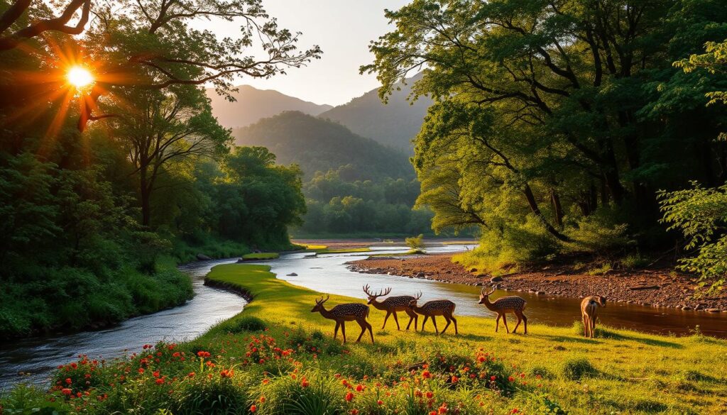 A lush, verdant forest canopy casts dappled shadows across a meandering river, its banks dotted with vibrant wildflowers. In the foreground, a herd of spotted deer graze peacefully, their graceful movements captured in a serene wide-angle shot. Behind them, rugged hills rise up, their slopes blanketed in a diverse array of flora and fauna. The warm, golden light of a setting sun bathes the entire scene in a soft, ethereal glow, creating an atmosphere of tranquility and natural wonder. This is Debrigarh Wildlife Sanctuary, a breathtaking eco-adventure waiting to be explored.