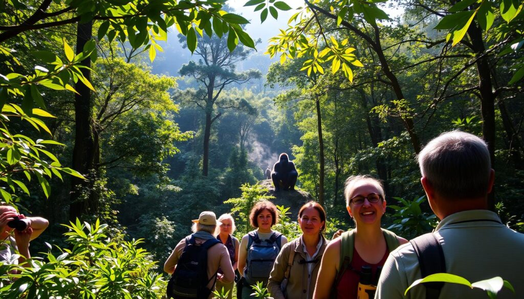 A lush, verdant forest in Rwanda's Volcanoes National Park, the majestic silhouettes of towering mountain gorillas visible through the canopy. In the foreground, a small group of trekkers, equipped with hiking gear and binoculars, carefully navigating the rugged terrain under the watchful eye of a knowledgeable guide. Dappled sunlight filters through the leaves, casting a warm, golden glow on the scene. The trekkers' expressions convey a sense of awe and reverence, as they prepare to observe these magnificent primates in their natural habitat, mindful of the health and safety protocols that ensure a responsible and sustainable encounter.