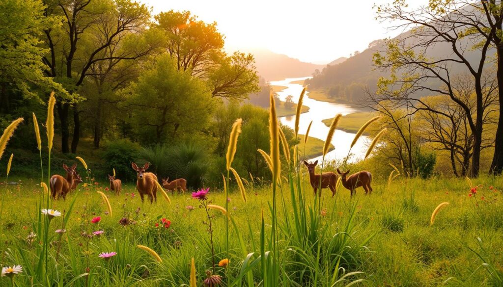 A lush, verdant landscape of the Debrigarh Wildlife Sanctuary in early spring. In the foreground, a group of deer grazing peacefully amidst vibrant wildflowers and tall, swaying grasses. In the middle ground, a winding river reflects the warm, golden light of the sun filtering through the canopy of towering trees. In the background, rolling hills and mountains create a breathtaking backdrop, hinting at the diverse wildlife and natural wonders that thrive within this protected sanctuary. The scene exudes a sense of tranquility and harmony, inviting the viewer to immerse themselves in the beauty of this exceptional eco-tourism destination during its most optimal visiting period.