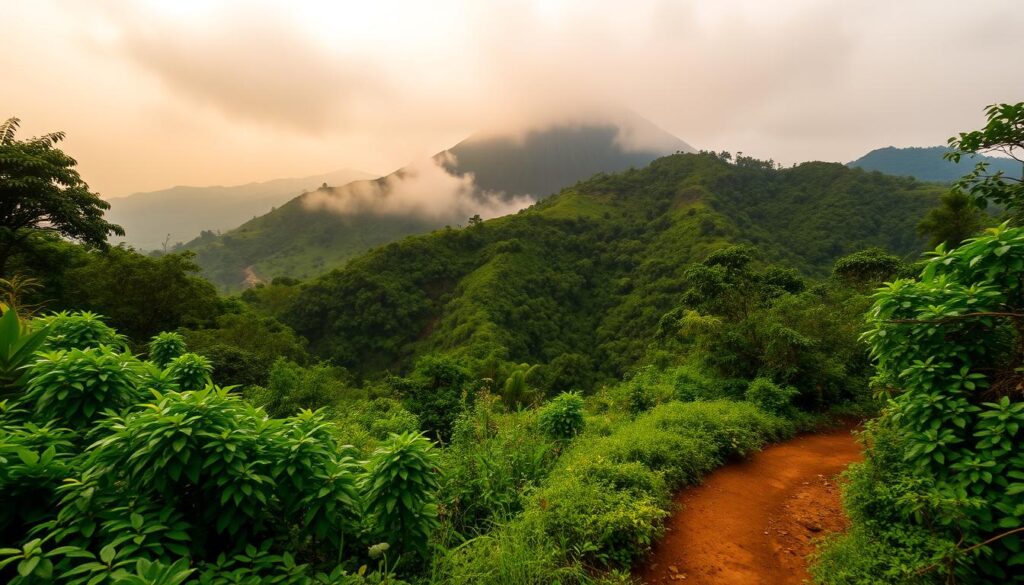 A lush, verdant landscape of the Volcanoes National Park in Rwanda, showcasing the rugged terrain and dense vegetation where the majestic mountain gorillas roam. In the foreground, a well-worn path winds through the undergrowth, inviting trekkers to embark on an immersive journey to observe these magnificent primates in their natural habitat. The middle ground features towering, mist-shrouded volcanic peaks, their slopes dotted with clusters of vibrant, tropical foliage. The background is dominated by a hazy, atmospheric sky, lending a sense of mystery and adventure to the scene. Warm, diffused lighting filters through the canopy, casting a soft, natural glow over the entire landscape. Captured with a wide-angle lens to convey the grandeur and scale of this extraordinary environment, the image evokes a sense of exploration and wonder.