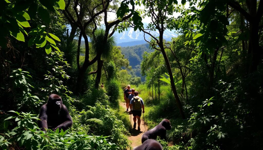 A lush, verdant rainforest in the heart of Rwanda, dappled sunlight filtering through the canopy, as a small group of adventurers embark on a thrilling gorilla trekking expedition. In the foreground, the silhouettes of towering silverback gorillas emerge from the undergrowth, their powerful frames commanding attention. In the middle ground, hikers navigate the rugged terrain, their expressions a mix of awe and determination. The background showcases the majestic peaks of the Virunga Mountains, their snow-capped summits creating a breathtaking backdrop. The scene exudes a sense of tranquility and connection with nature, reflecting the best time to witness these magnificent creatures in their natural habitat.