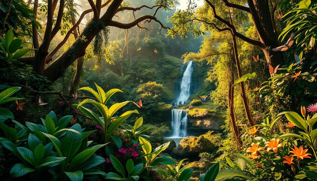 A lush, verdant rainforest teeming with vibrant biodiversity. In the foreground, a diverse array of tropical plants and flowers bloom, their petals and leaves glistening with morning dew. Towering, ancient trees stretch towards the heavens, their canopies casting dappled shadows on the forest floor below. Vines and lianas wind their way through the understory, creating a tangled, enchanting landscape. In the middle ground, a cascading waterfall tumbles over mossy rocks, its crystalline waters reflecting the surrounding foliage. Numerous species of exotic birds and butterflies flit between the branches, adding pops of color to the scene. The entire composition is bathed in warm, golden sunlight, creating a sense of warmth and vitality within this untouched, thriving ecosystem.
