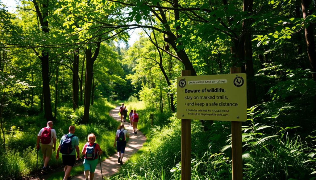 A lush, verdant wildlife sanctuary in the dappled light of a warm afternoon sun. In the foreground, a group of hikers carefully navigating a winding path, mindful of their surroundings. In the middle ground, a signpost offering safety tips and cautionary advice - "Beware of wildlife, stay on marked trails, and keep a safe distance." In the background, a dense forest canopy rustles gently, hinting at the diverse ecosystem thriving within. The scene conveys a sense of peaceful exploration, where visitors can immerse themselves in nature while respecting the delicate balance of the sanctuary.