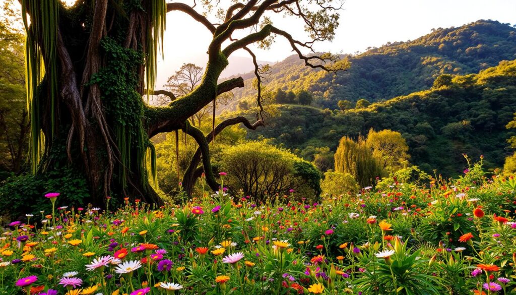 A lush, vibrant landscape of the Ponmudi Hills, showcasing its diverse and thriving flora. In the foreground, a mosaic of colorful wildflowers sway gently in a warm, soft light. The mid-ground is dominated by towering, ancient trees draped in cascading vines and moss, creating a verdant, enchanted atmosphere. In the distance, rolling hills clothed in a tapestry of verdant foliage rise up, bathed in the golden glow of the afternoon sun. The scene exudes a sense of tranquility and harmony, inviting the viewer to immerse themselves in the natural splendor of the Ponmudi Hills.