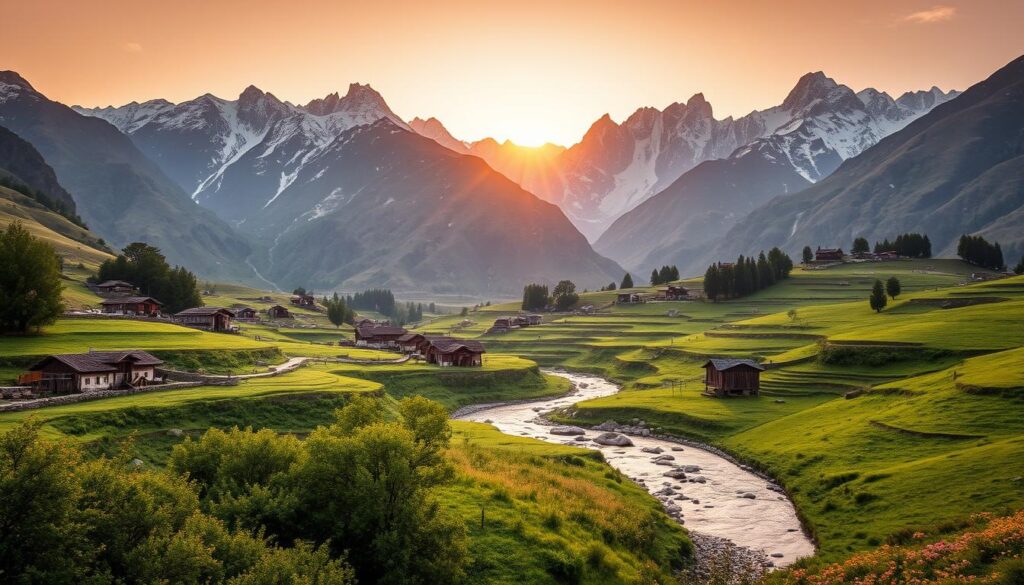 A picturesque Himalayan landscape in the golden hour, showcasing the charming village of Chitkul nestled amidst snow-capped peaks and lush meadows. The foreground features a winding river cutting through the verdant foliage, its banks dotted with colorful wildflowers. In the middle ground, traditional wooden cottages and terraced fields create a harmonious blend of human settlement and natural beauty. The background is dominated by majestic, jagged mountains bathed in warm, soft light, hinting at the serene and tranquil atmosphere of this idyllic destination. The overall scene evokes a sense of timeless, breathtaking splendor, capturing the essence of the best time to visit Chitkul.
