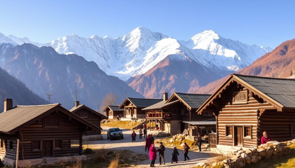 A picturesque Himalayan village nestled amidst snow-capped peaks, Chitkul showcases the rich cultural heritage of Himachal Pradesh. In the foreground, traditional wooden houses with slanted roofs and intricate carvings stand in harmony with the surrounding landscape. The middle ground features locals in vibrant, colorful attire going about their daily activities, immersed in the rhythms of centuries-old traditions. In the background, the majestic Himalayan mountains rise, their peaks dusted with pristine snow, creating a serene and awe-inspiring backdrop. The scene is bathed in warm, golden light, conveying a sense of timelessness and the enduring spirit of this enchanting Himalayan haven.
